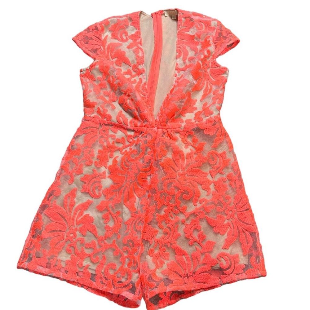 DANI Women’s Orange Nude Lace Overlay Plunge Neck Romper Size Medium